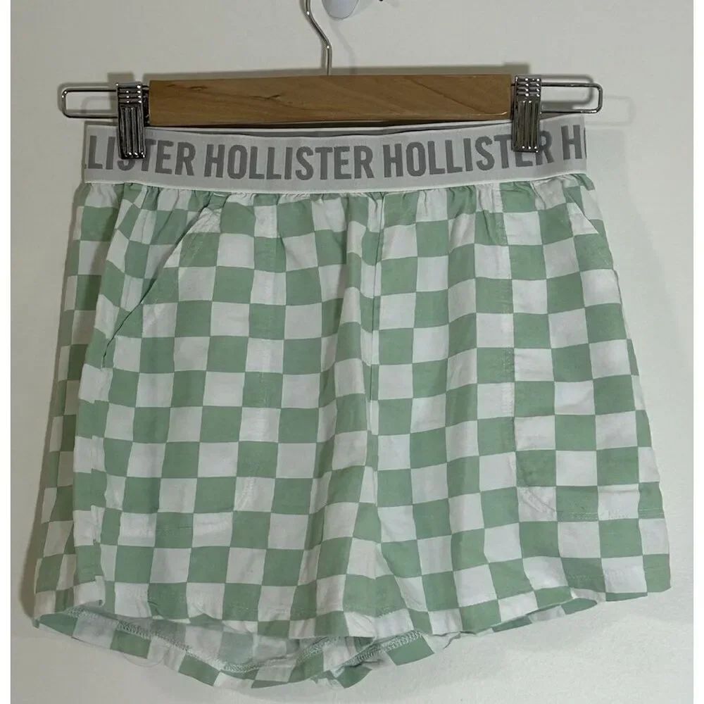 Hollister Sleep Shorts Womens XS Elastic Waist Pockets 3" Inseam Green Check